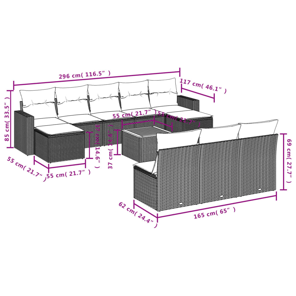 Set Divani da Giardino 11 pz con Cuscini in Polyrattan Grigio