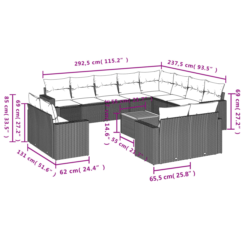 Set Divani da Giardino 13 pz con Cuscini Grigio in Polyrattan