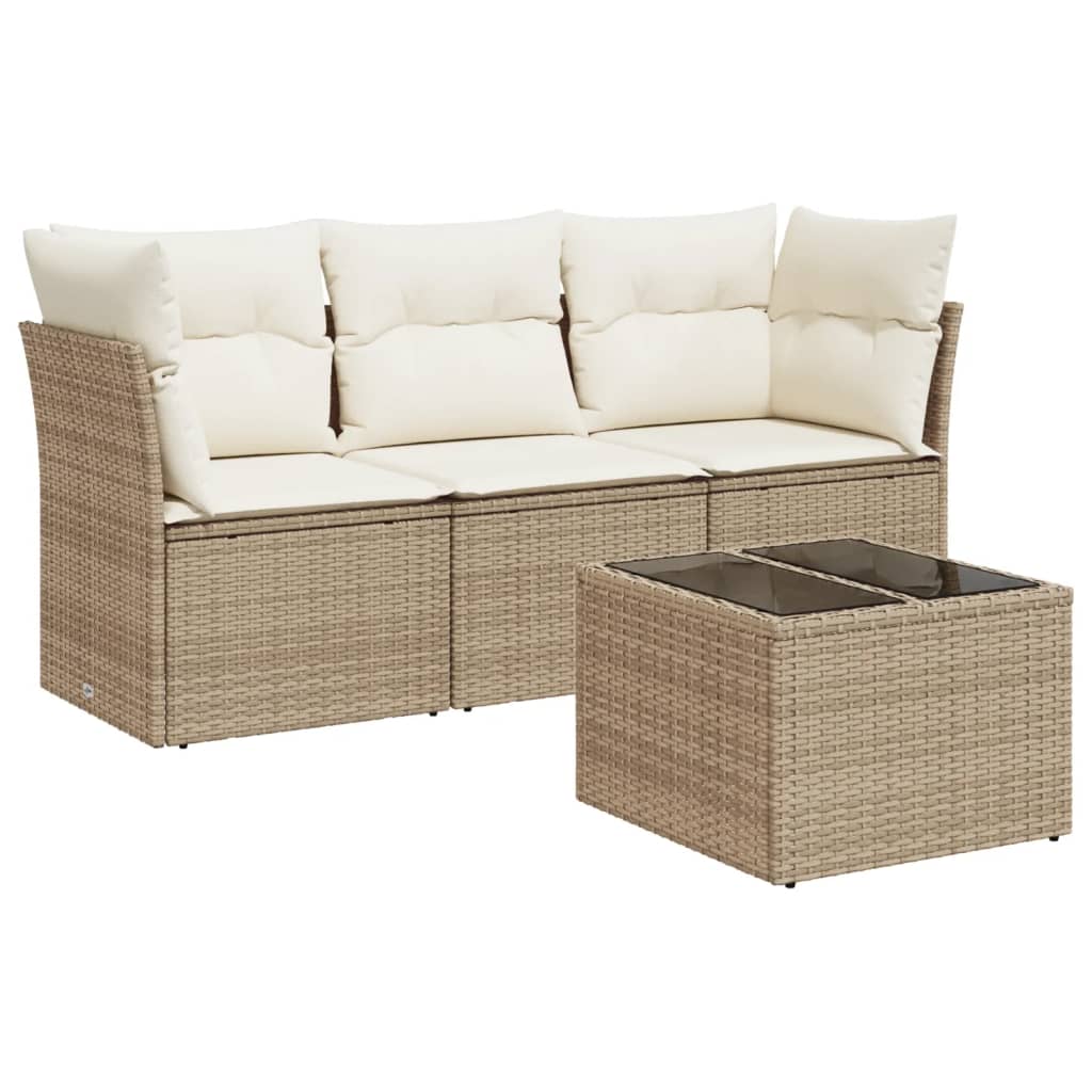 Set Divano da Giardino 4 pz con Cuscini Beige in Polyrattan