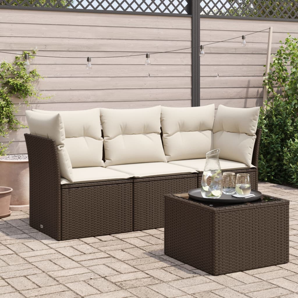 Set Divano da Giardino 4 pz con Cuscini Marrone in Polyrattan