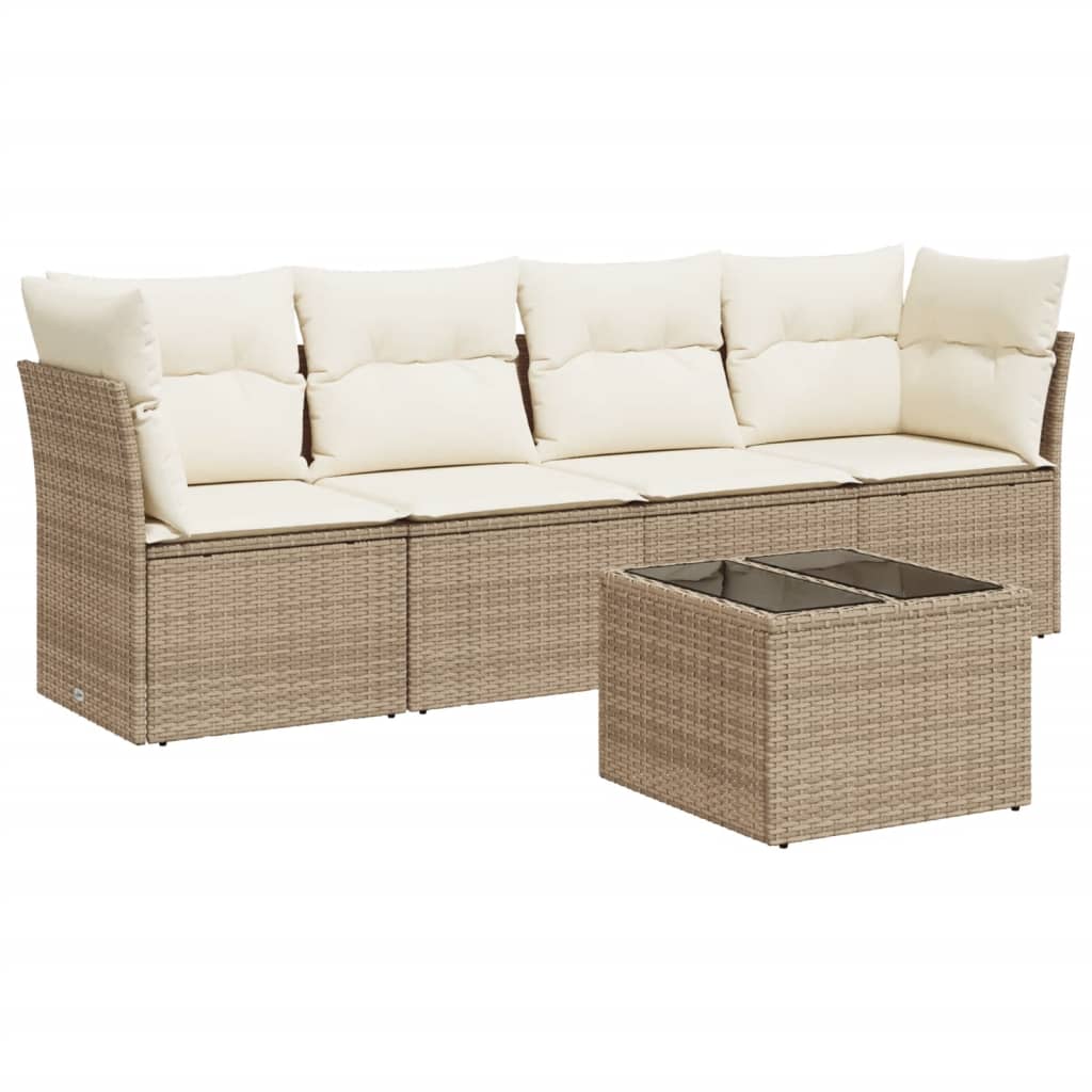 Set Divano da Giardino 5 pz con Cuscini Beige in Polyrattan