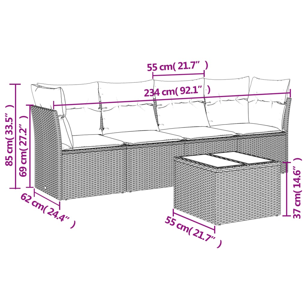 Set Divano da Giardino 5 pz con Cuscini Beige in Polyrattan