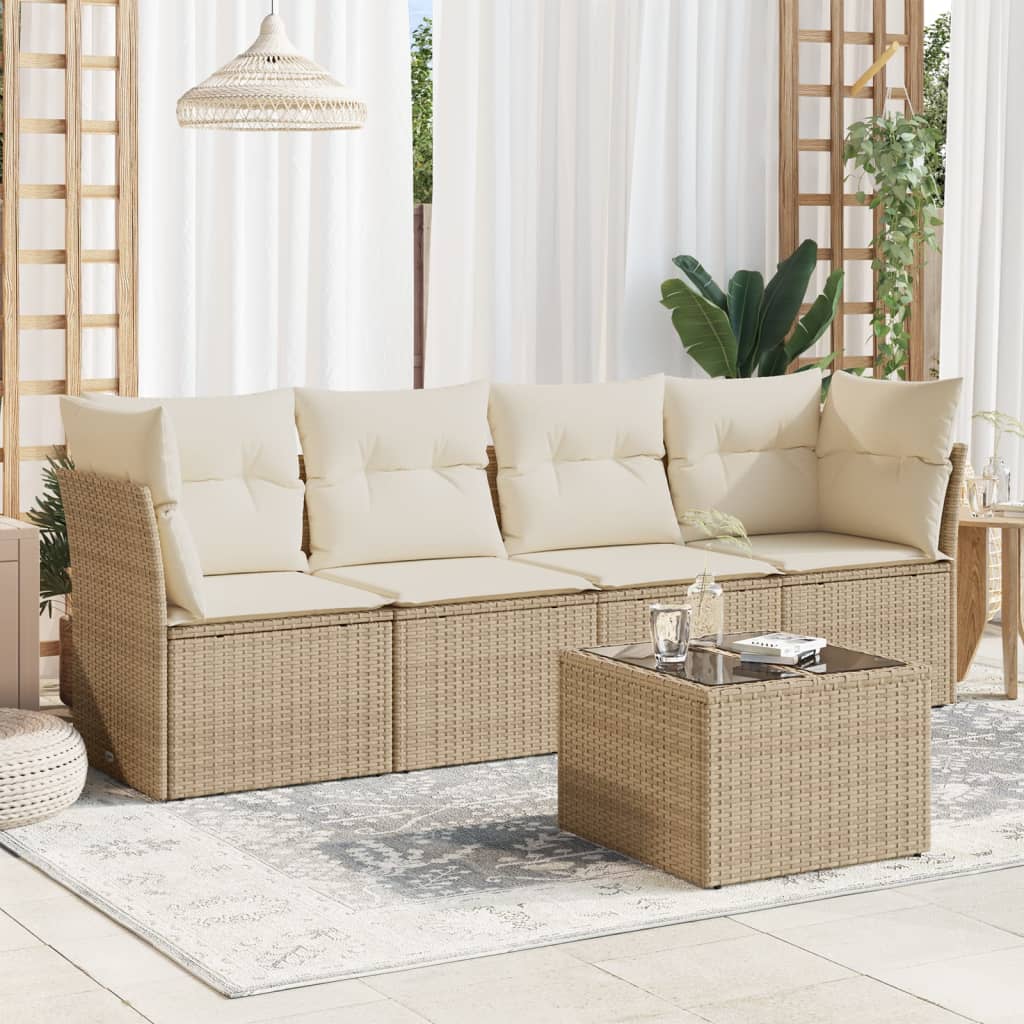 Set Divano da Giardino 5 pz con Cuscini Beige in Polyrattan