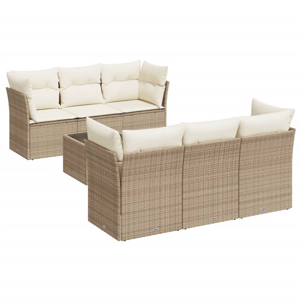 Set Divani da Giardino 7 pz con Cuscini Beige in Polyrattan