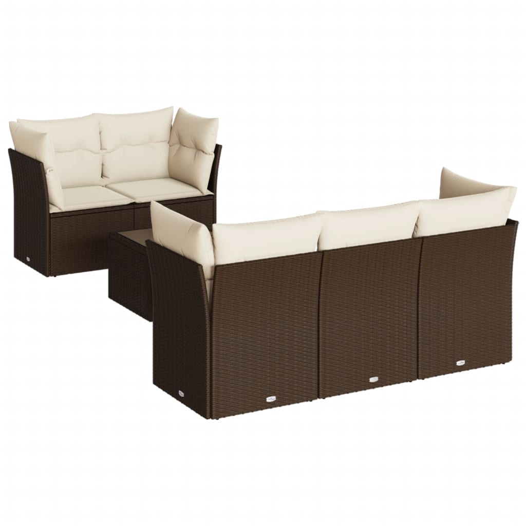 Set Divani da Giardino 7 pz con Cuscini Marrone in Polyrattan