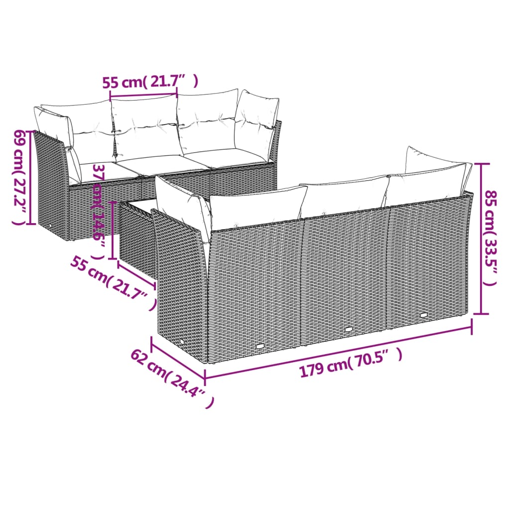 Set Divani da Giardino 7 pz con Cuscini Marrone in Polyrattan