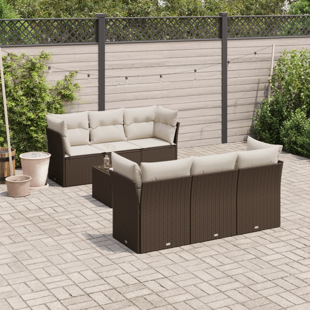 Set Divani da Giardino 7 pz con Cuscini Marrone in Polyrattan