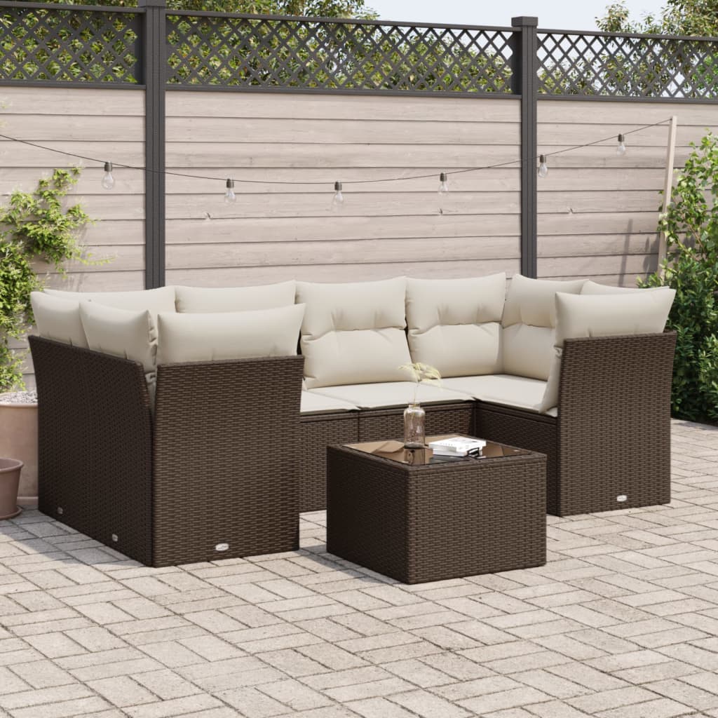 Set Divani da Giardino 7 pz con Cuscini Marrone in Polyrattan