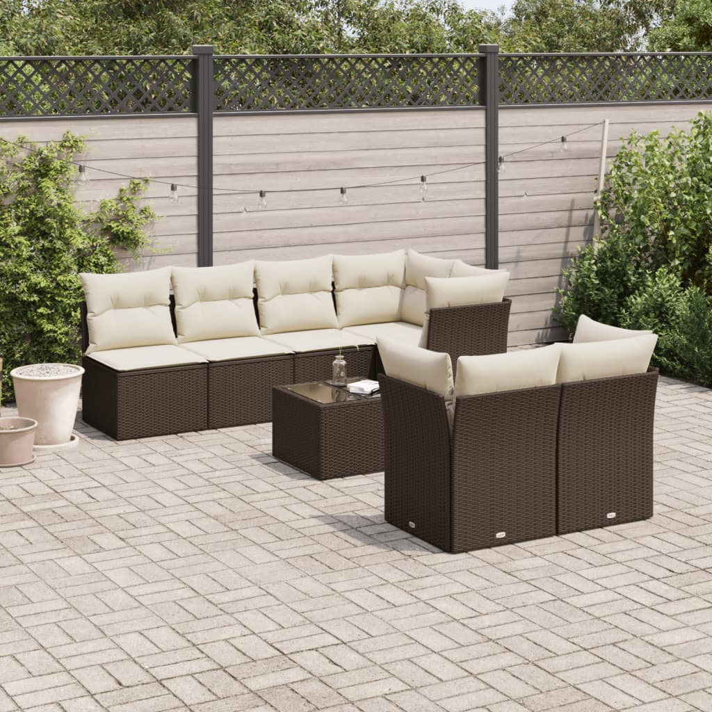 Set Divani da Giardino 8 pz con Cuscini Marrone in Polyrattan