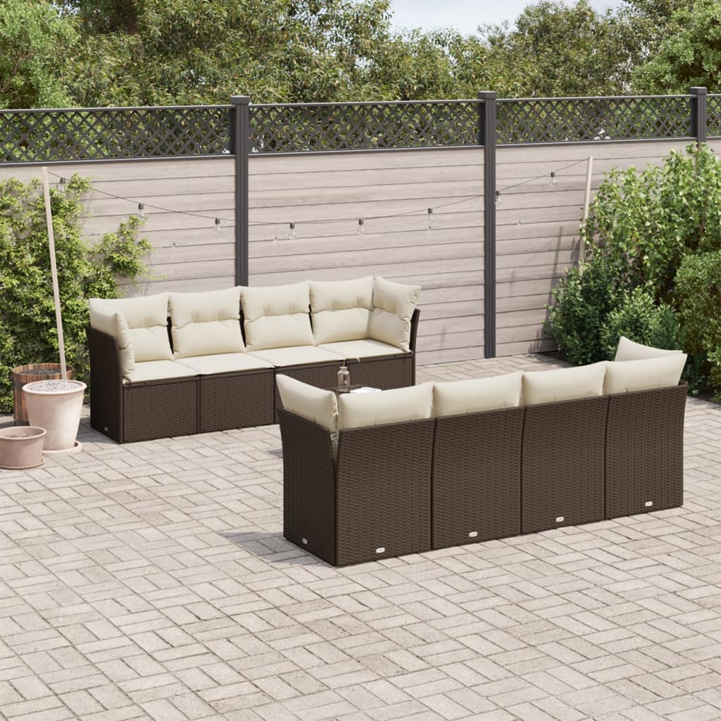 Set Divani da Giardino 9pz con Cuscini Marrone in Polyrattan