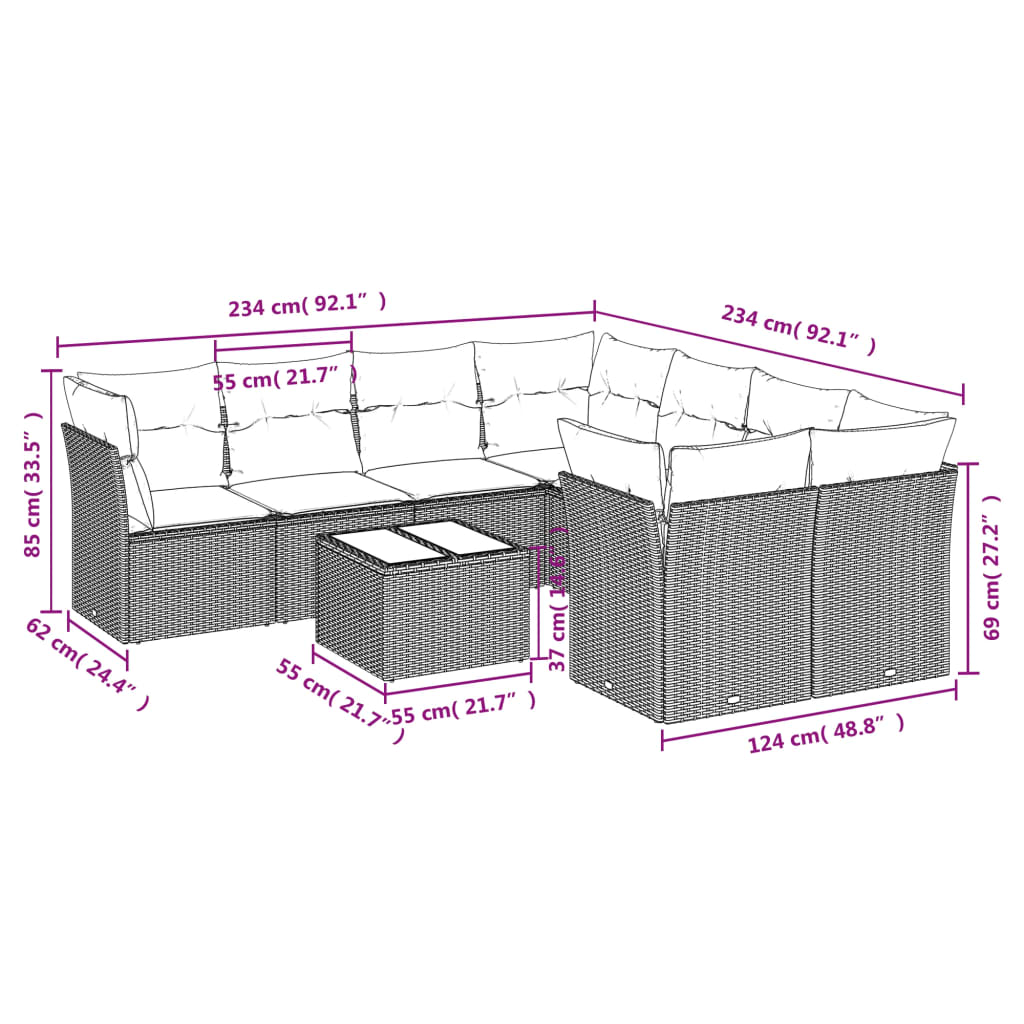 Set Divani da Giardino 9pz con Cuscini Marrone in Polyrattan