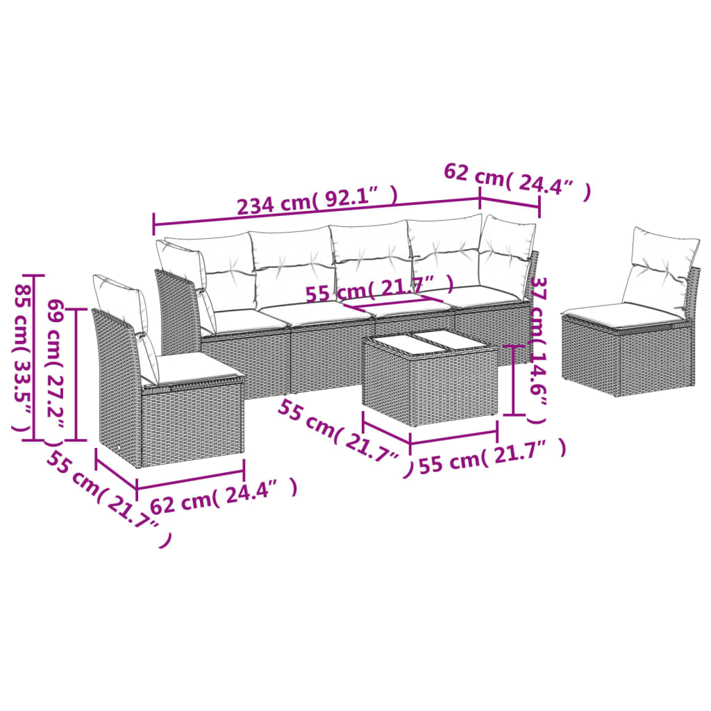 Set Divani da Giardino 7 pz con Cuscini Beige in Polyrattan