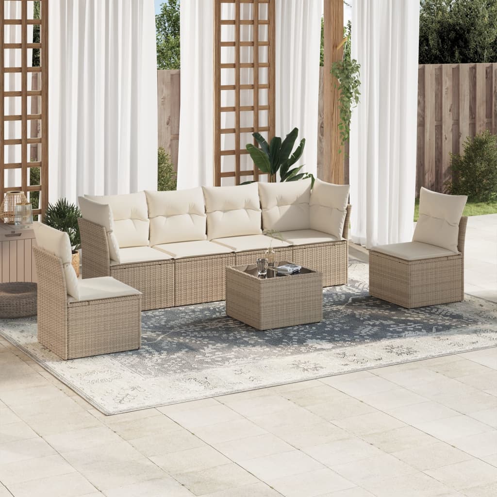 Set Divani da Giardino 7 pz con Cuscini Beige in Polyrattan