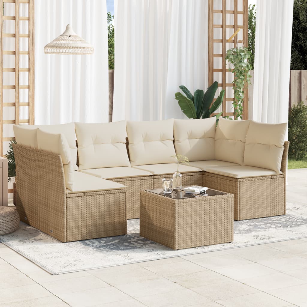 Set Divani da Giardino 7 pz con Cuscini Beige in Polyrattan