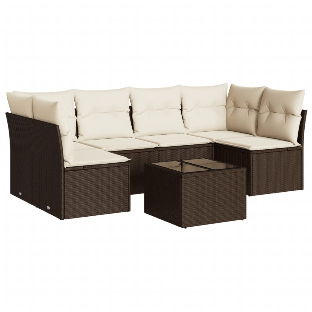 Set Divani da Giardino 7 pz con Cuscini Marrone in Polyrattan