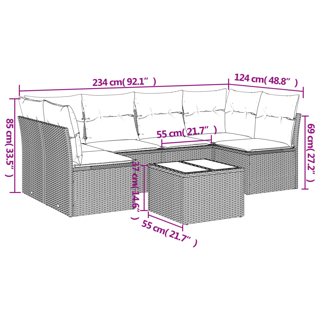 Set Divani da Giardino 7 pz con Cuscini Marrone in Polyrattan