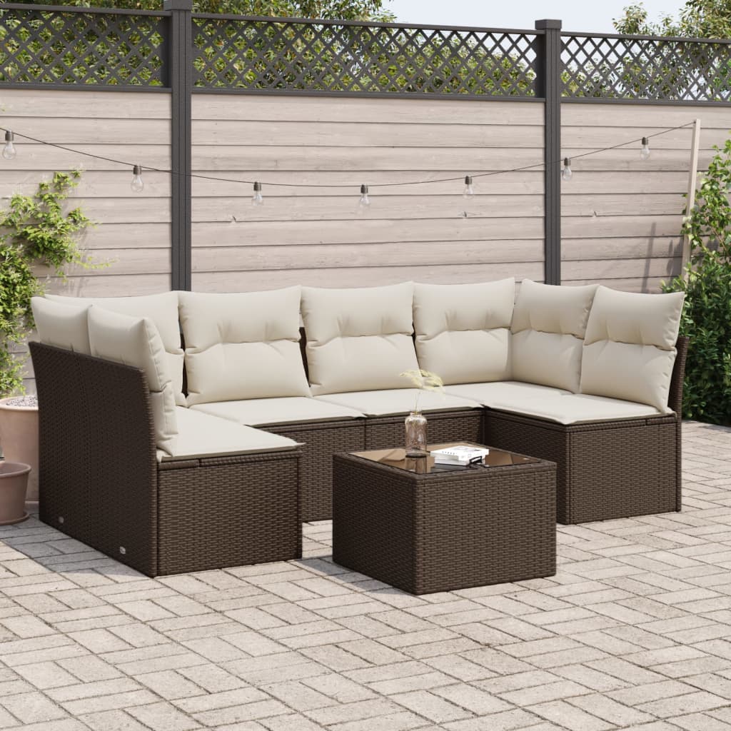 Set Divani da Giardino 7 pz con Cuscini Marrone in Polyrattan