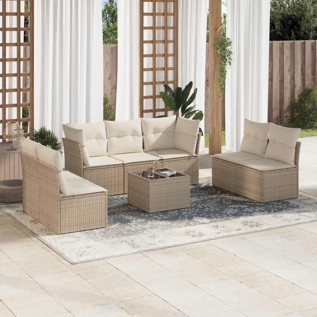 Set Divano da Giardino 8 pz con Cuscini Beige in Polyrattan