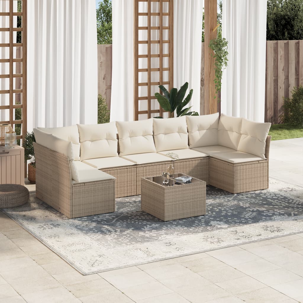 Set Divano da Giardino 8 pz con Cuscini Beige in Polyrattan