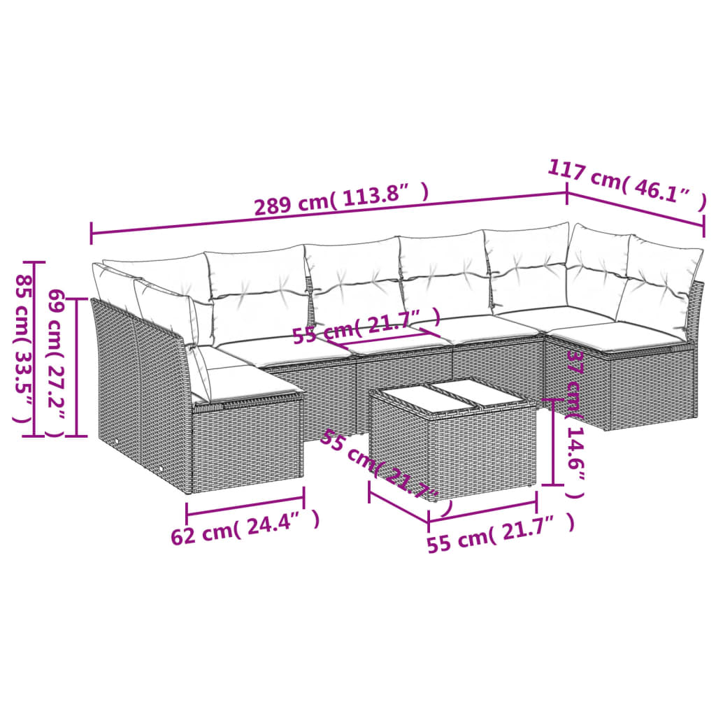 Set Divani da Giardino 8 pz con Cuscini Marrone in Polyrattan