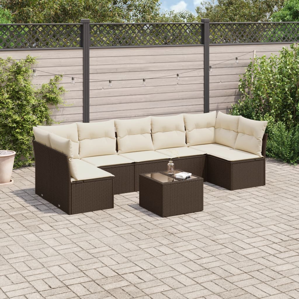 Set Divani da Giardino 8 pz con Cuscini Marrone in Polyrattan