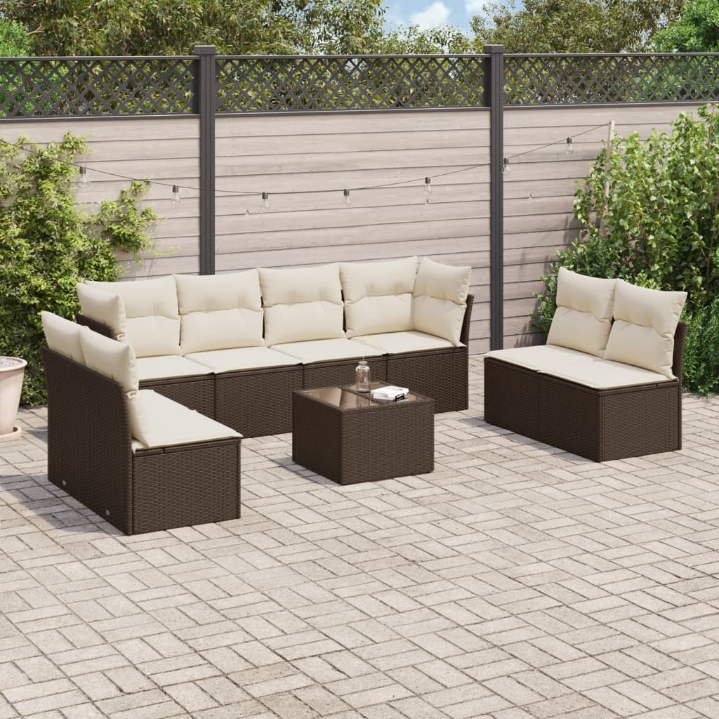 Set Divani da Giardino 9pz con Cuscini Marrone in Polyrattan