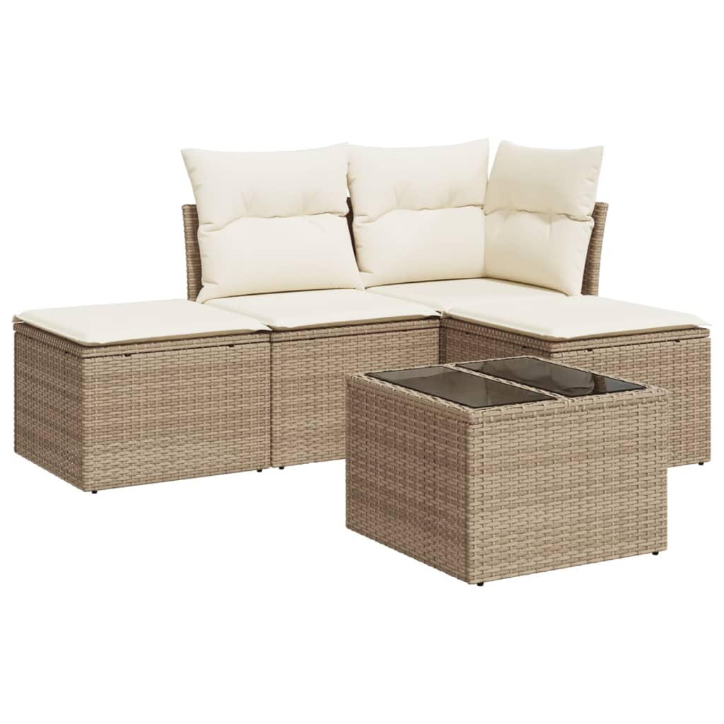 Set Divano da Giardino 5 pz con Cuscini Beige in Polyrattan