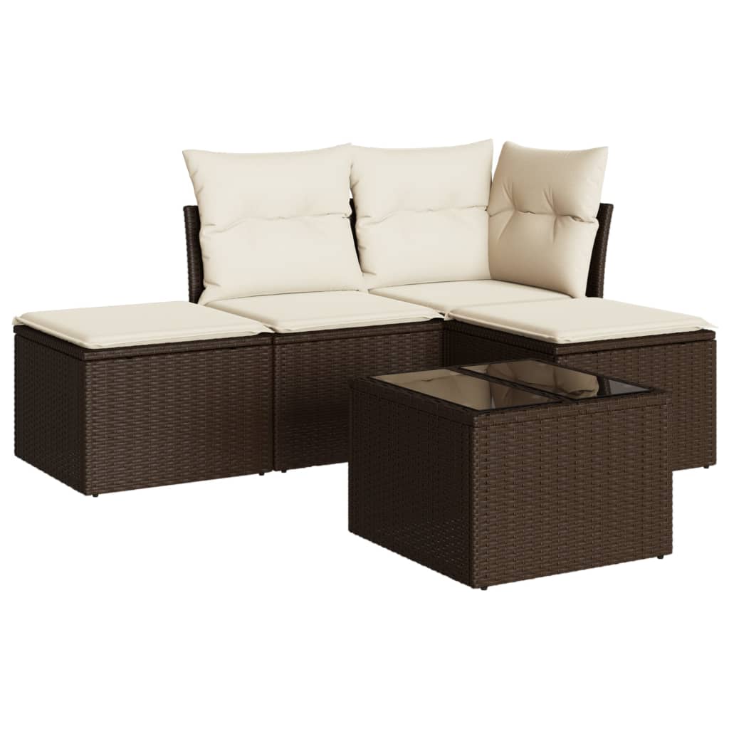 Set Divano da Giardino 5 pz con Cuscini Marrone in Polyrattan