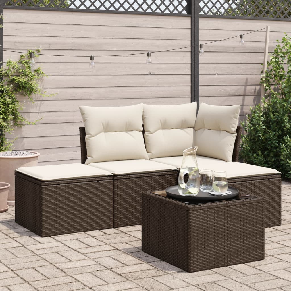 Set Divano da Giardino 5 pz con Cuscini Marrone in Polyrattan