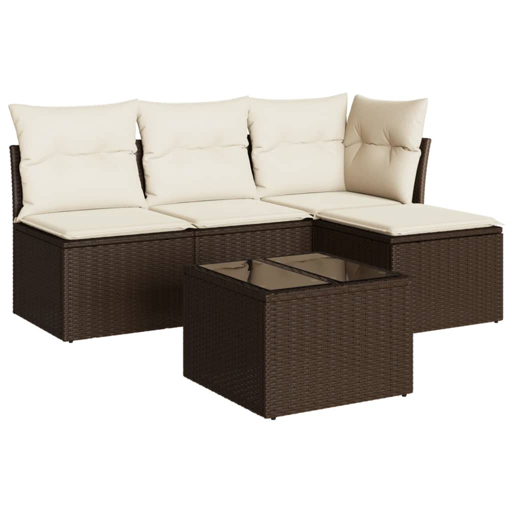 Set Divano da Giardino 5 pz con Cuscini Marrone in Polyrattan