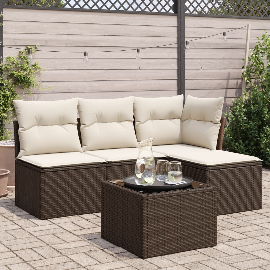 Set Divano da Giardino 5 pz con Cuscini Marrone in Polyrattan