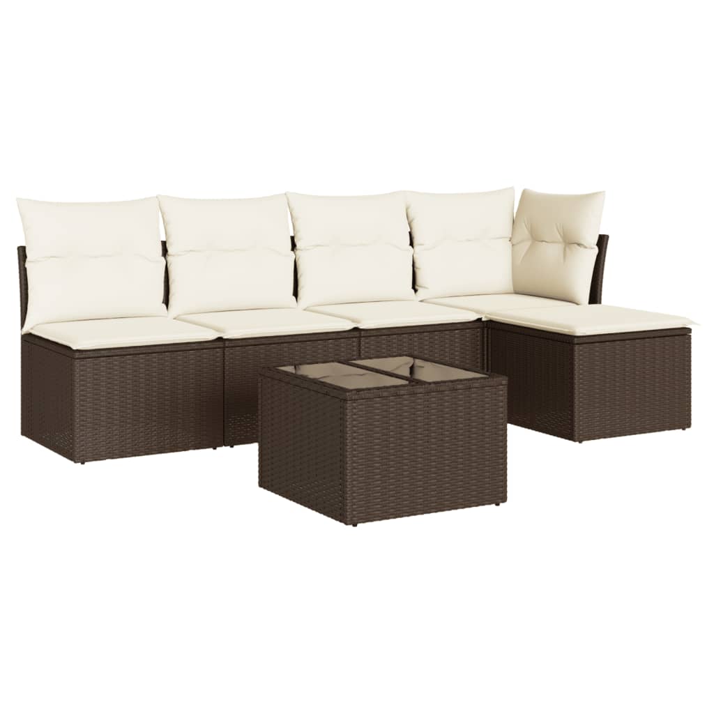 Set Divano da Giardino 6 pz con Cuscini Marrone in Polyrattan