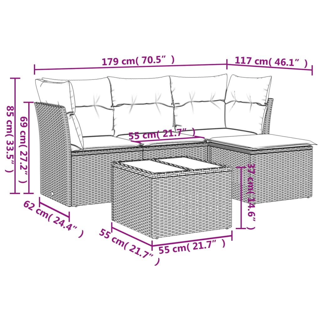 Set Divano da Giardino 5 pz con Cuscini Beige in Polyrattan