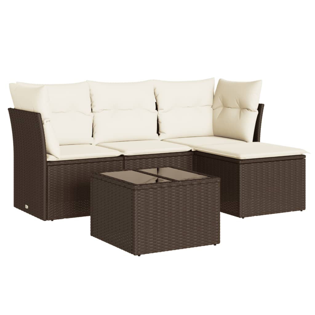 Set Divano da Giardino 5 pz con Cuscini Marrone in Polyrattan