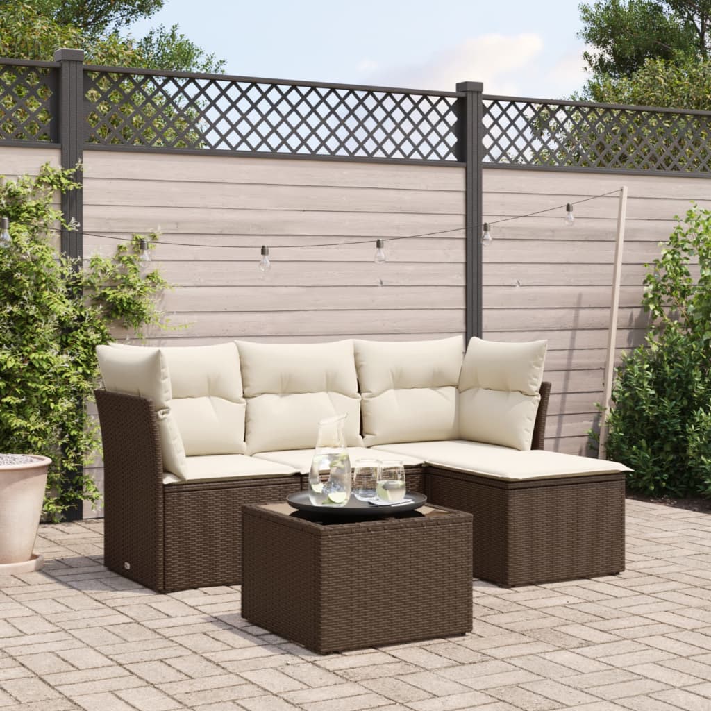 Set Divano da Giardino 5 pz con Cuscini Marrone in Polyrattan