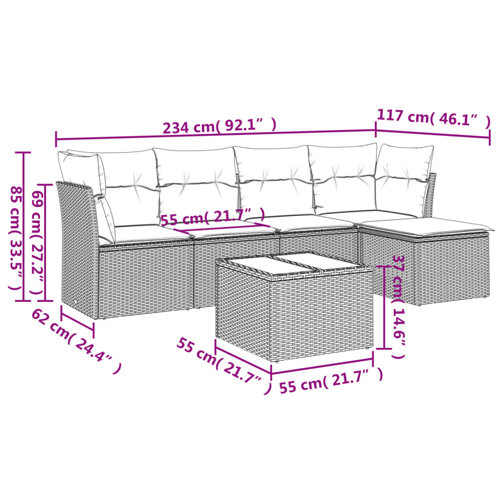 Set Divano da Giardino 6 pz con Cuscini Beige in Polyrattan