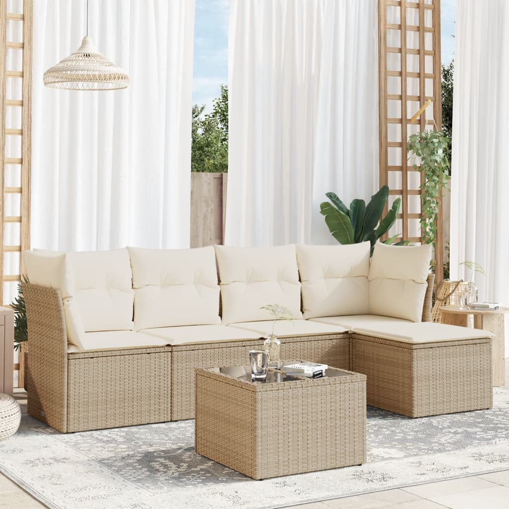 Set Divano da Giardino 6 pz con Cuscini Beige in Polyrattan