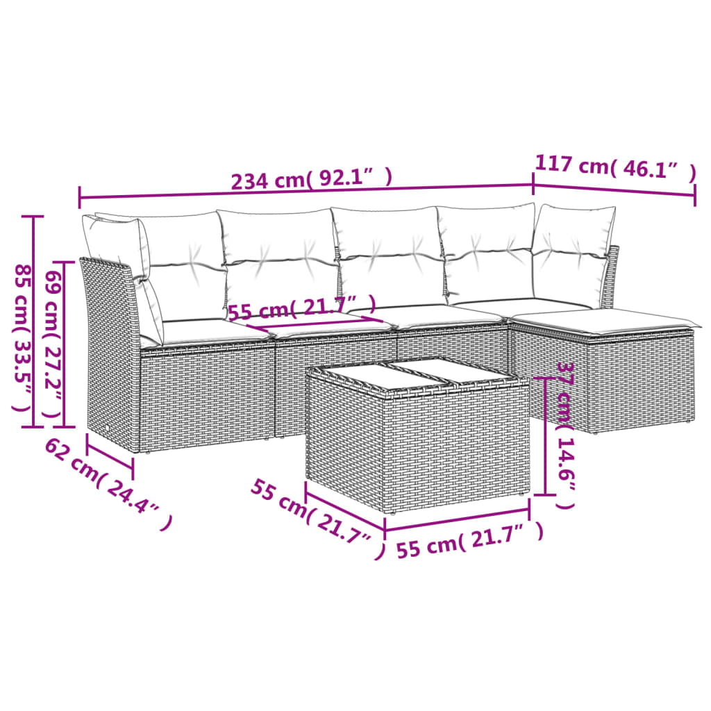 Set Divano da Giardino 6 pz con Cuscini Marrone in Polyrattan