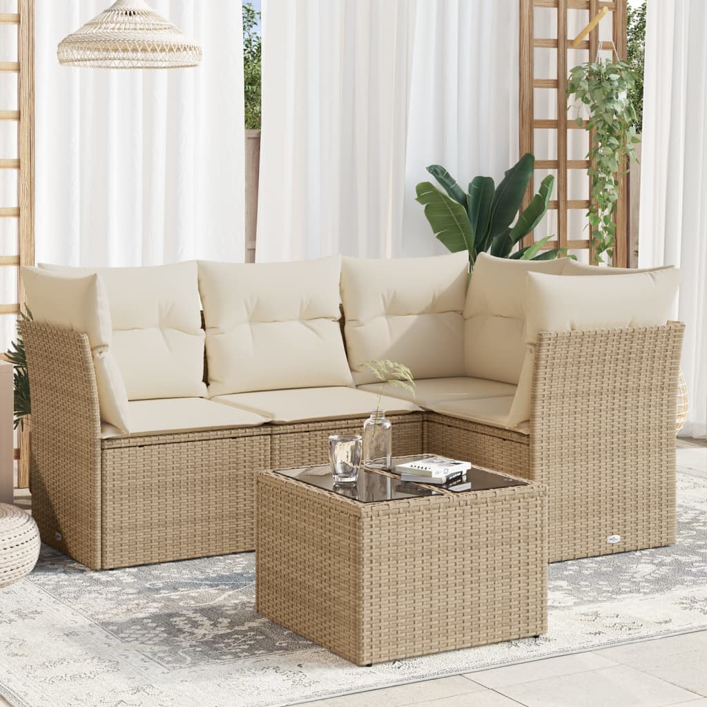 Set Divano da Giardino 5 pz con Cuscini Beige in Polyrattan