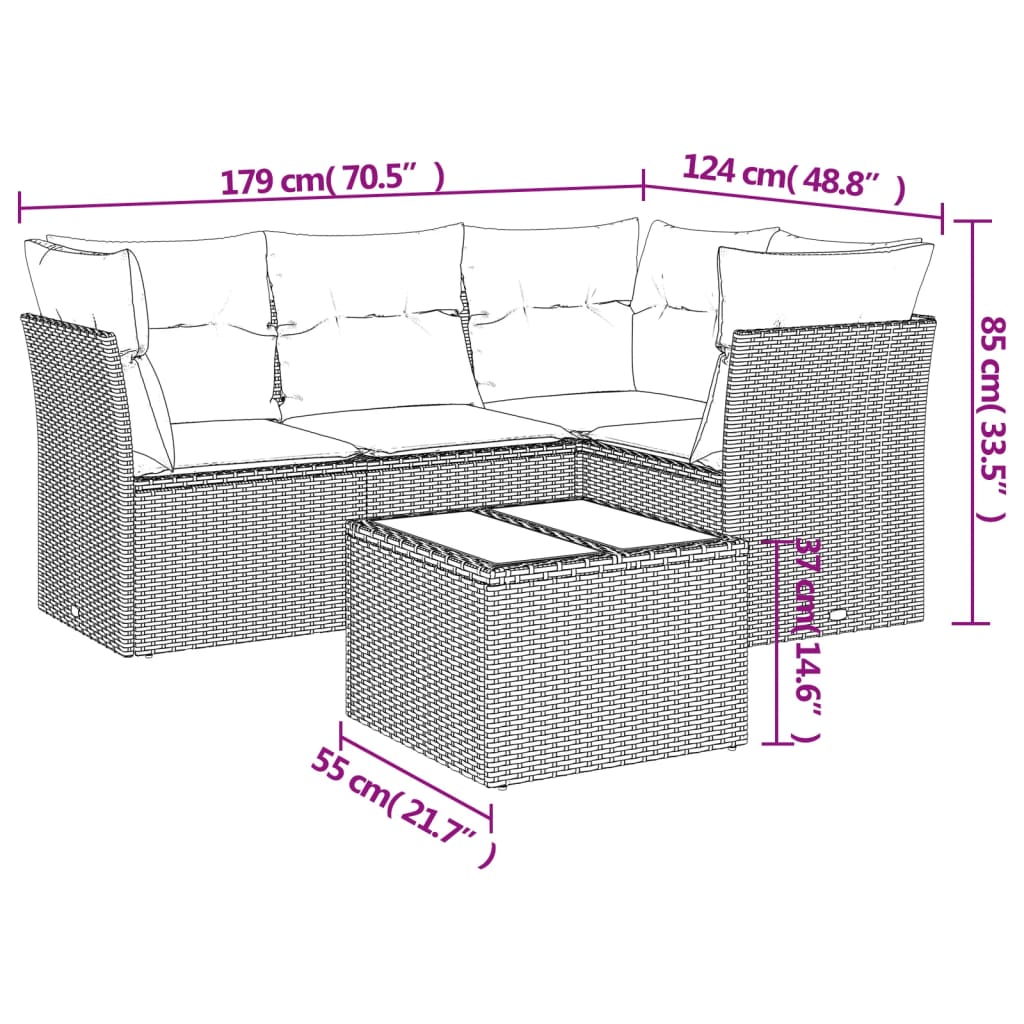 Set Divano da Giardino 5 pz con Cuscini Marrone in Polyrattan