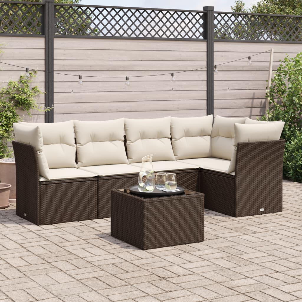 Set Divano da Giardino 6 pz con Cuscini Marrone in Polyrattan