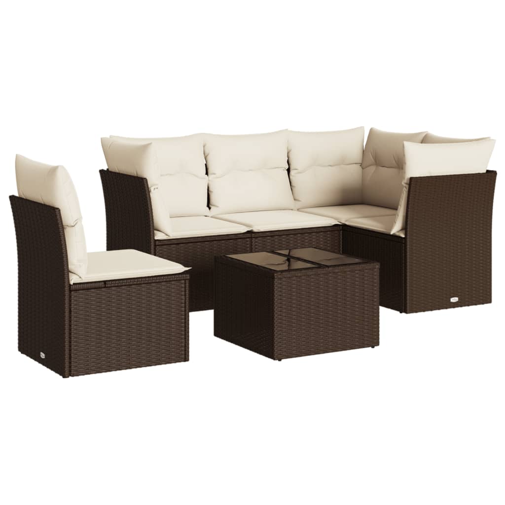 Set Divano da Giardino 6 pz con Cuscini Marrone in Polyrattan