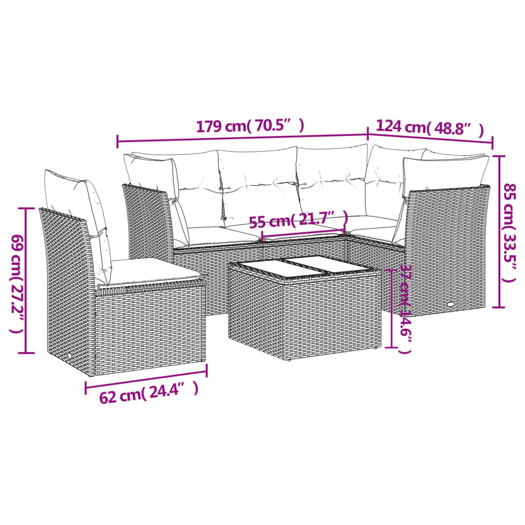 Set Divano da Giardino 6 pz con Cuscini Marrone in Polyrattan