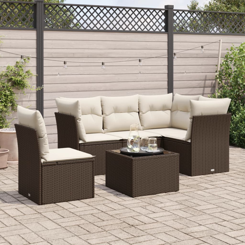 Set Divano da Giardino 6 pz con Cuscini Marrone in Polyrattan