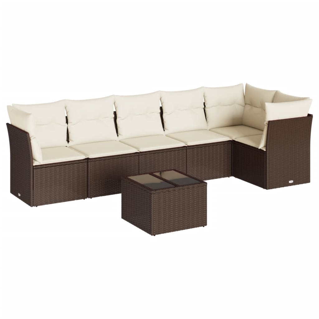 Set Divani da Giardino 7 pz con Cuscini Marrone in Polyrattan