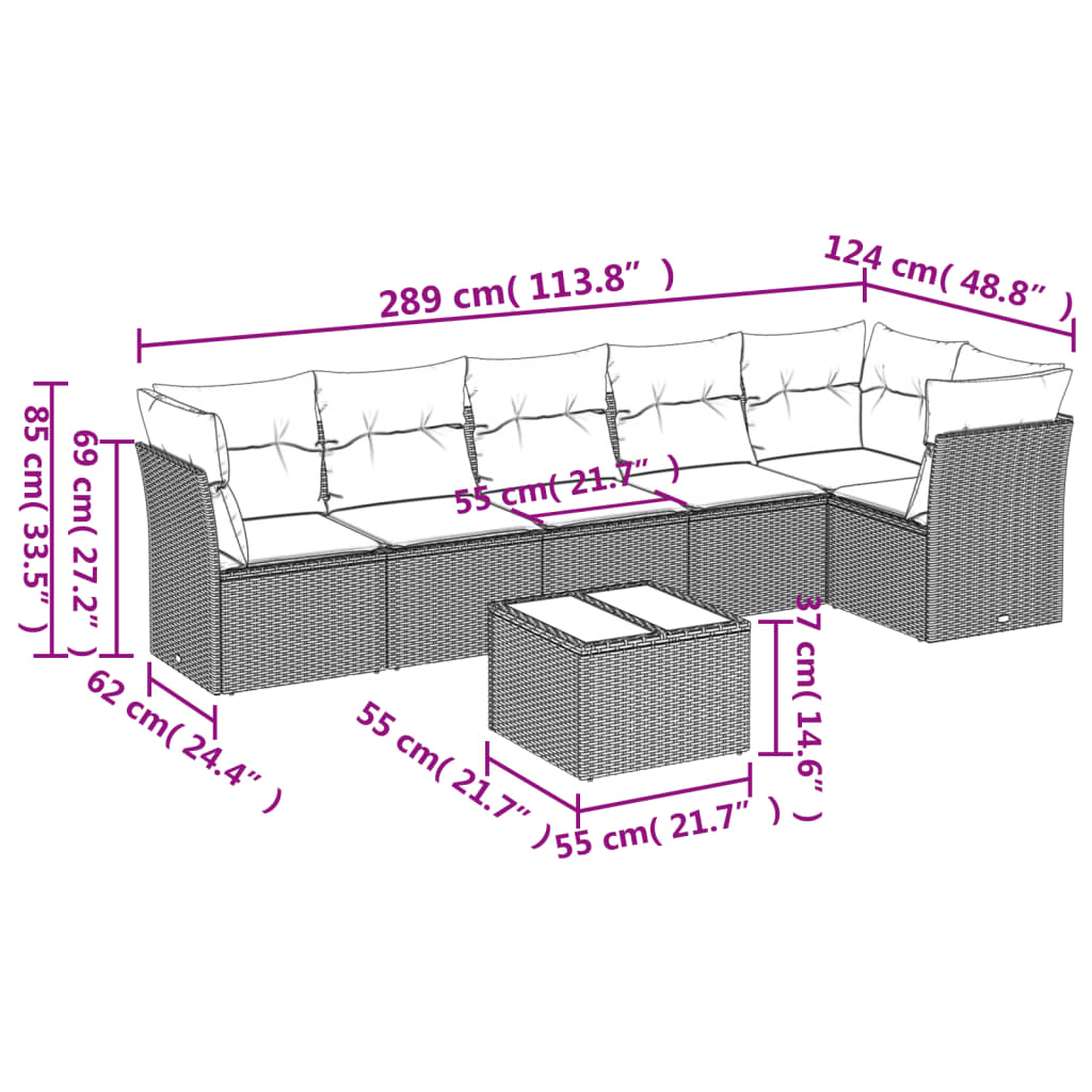 Set Divani da Giardino 7 pz con Cuscini Marrone in Polyrattan