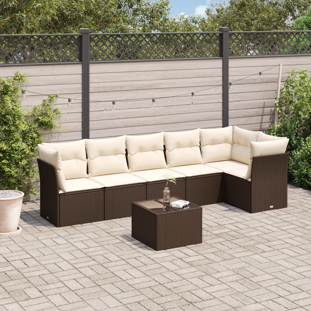 Set Divani da Giardino 7 pz con Cuscini Marrone in Polyrattan