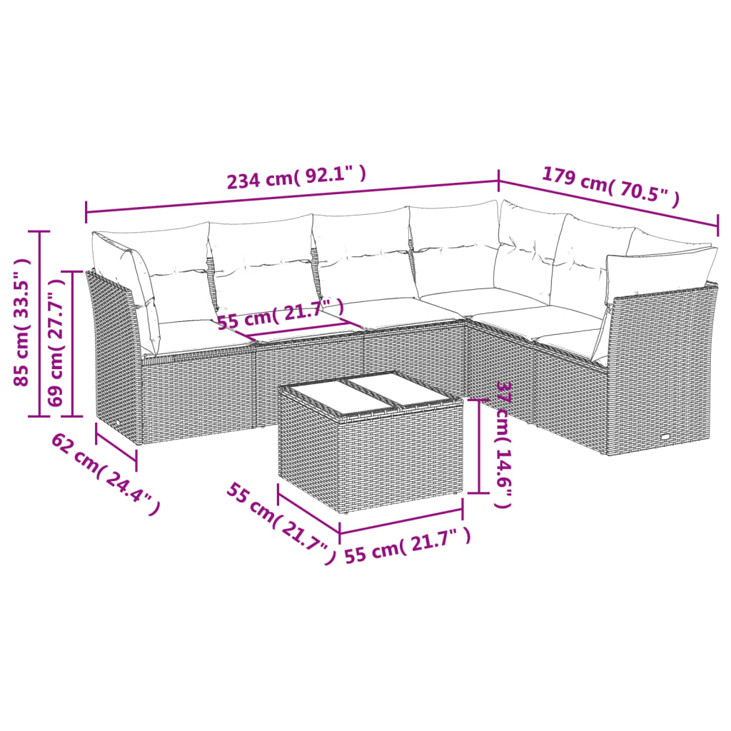 Set Divani da Giardino 7 pz con Cuscini Marrone in Polyrattan