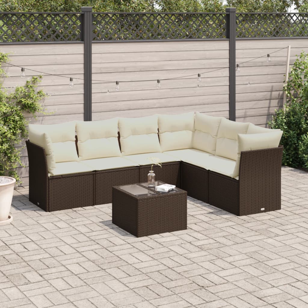 Set Divani da Giardino 7 pz con Cuscini Marrone in Polyrattan