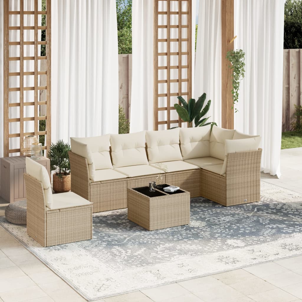 Set Divani da Giardino 7 pz con Cuscini Beige in Polyrattan